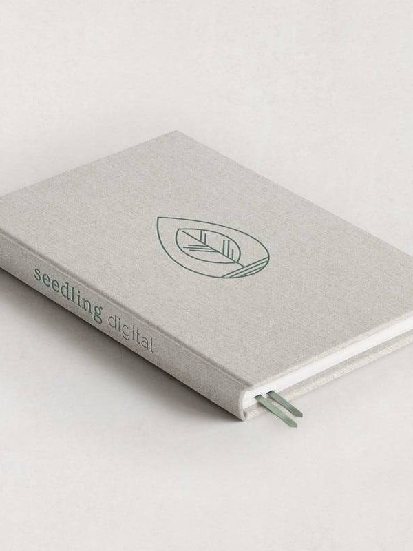 A WordPress website design featuring a white book adorned with a green leaf.